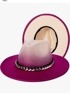 Women’s Ombre Fuchsia & Cream Wide Brim Fedora Dress Hat with Chain Band NWT